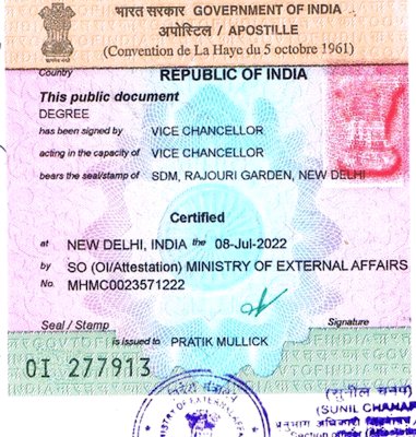Example of apostille stamp on Indian educational document