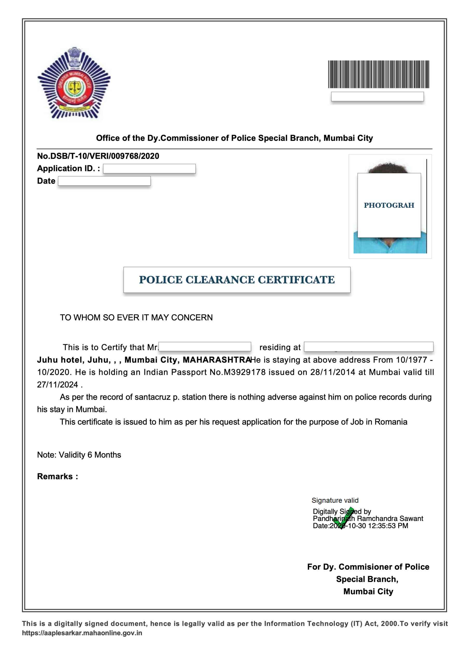 Original Police Clearance Certificate (PCC) issued in India