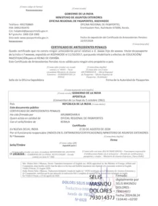 Certified Spanish translation and apostille of Indian Police Clearance Certificate for Spain and other Spanish-speaking countries.