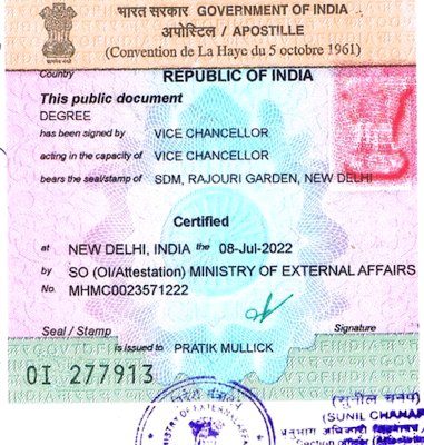 Example of apostille stamp on Indian educational document